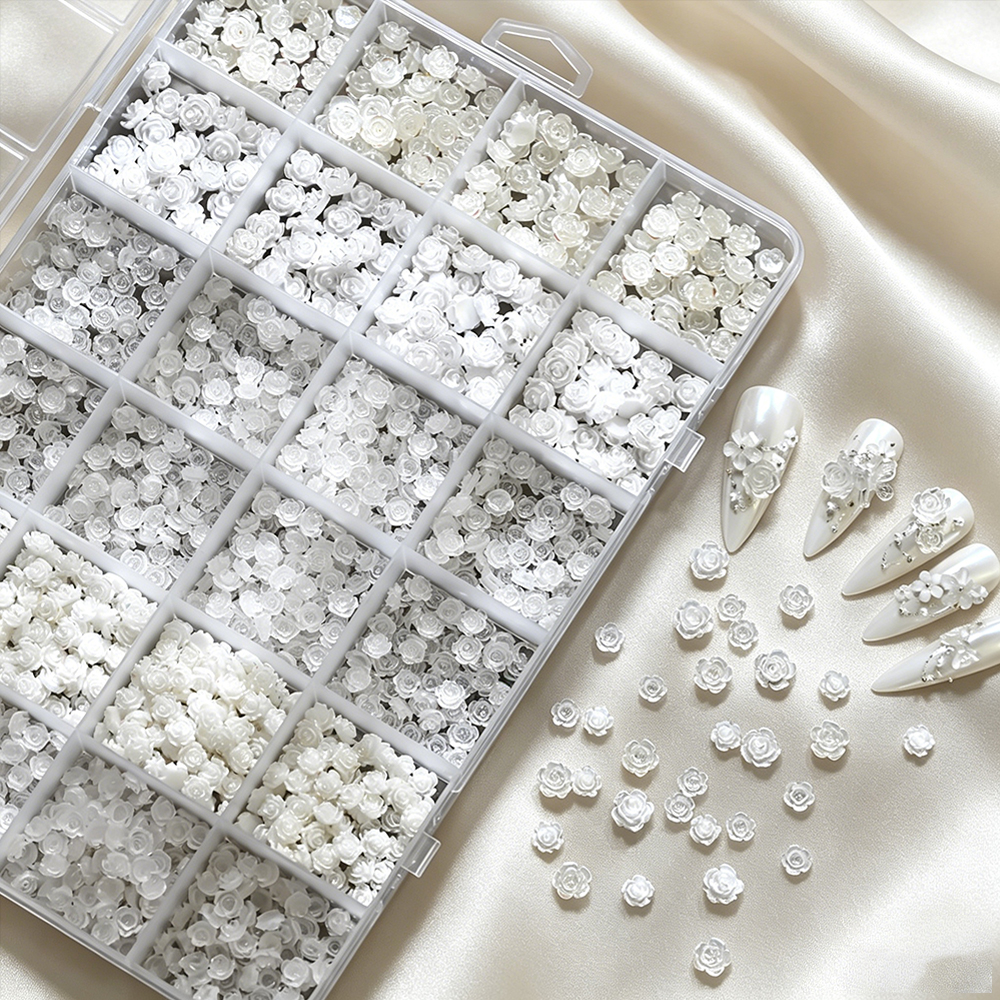 24 Grids 3D Pearls White Rose  - Resin Art Design For Wedding 评论和价格